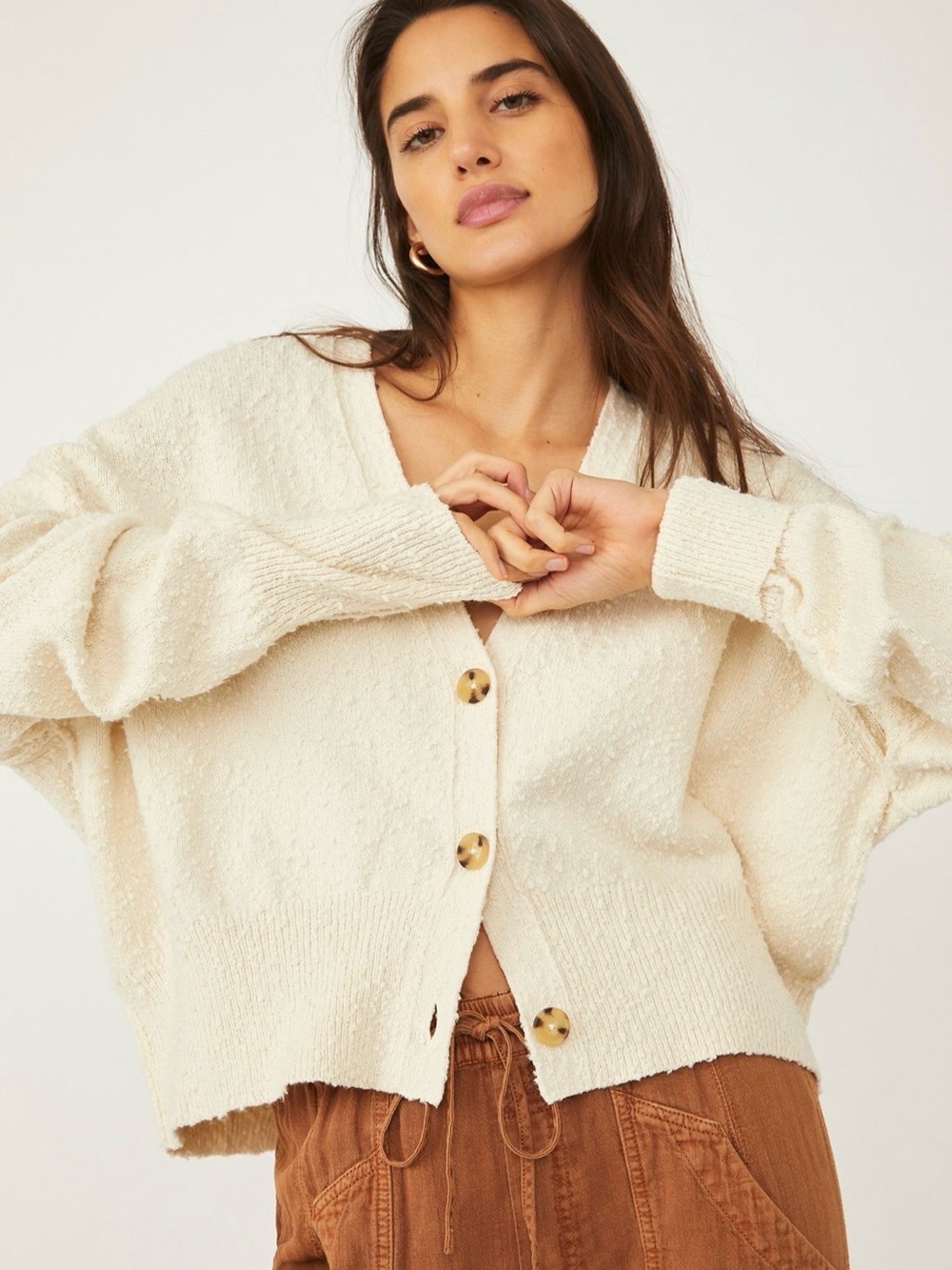 Free People Cream Button-Front Knit Cardigan
